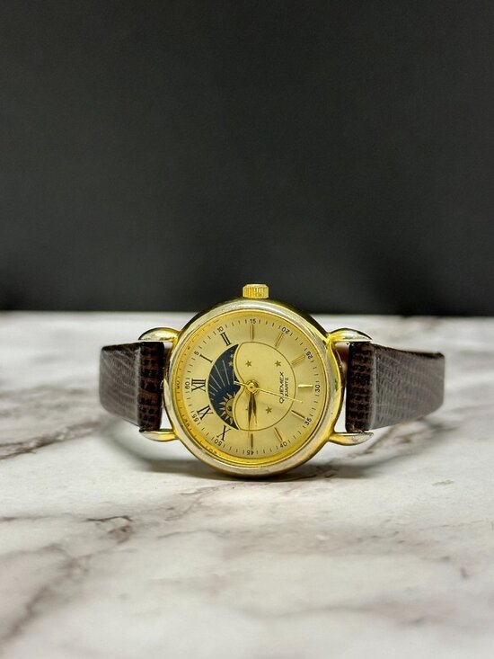 Quemex Moon Phase Womens Watch 19mm Gold Tone  Brown Band New Battery 8.5\